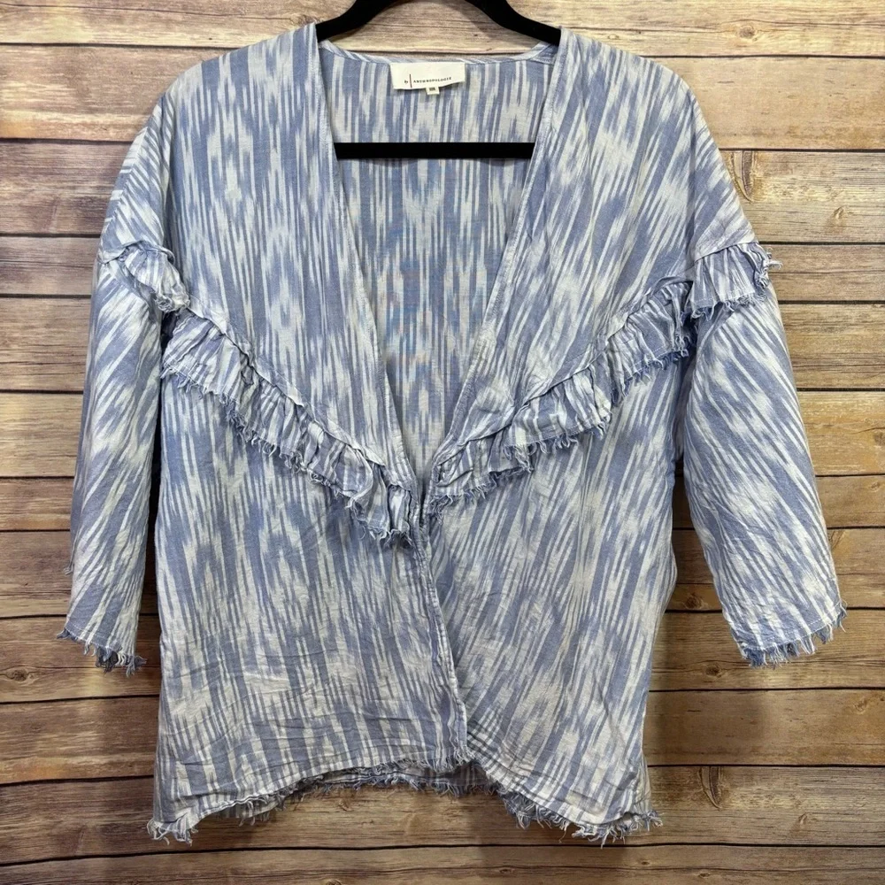 Anthropologie Cotton Cardigan Blue White Ikat Print One Size